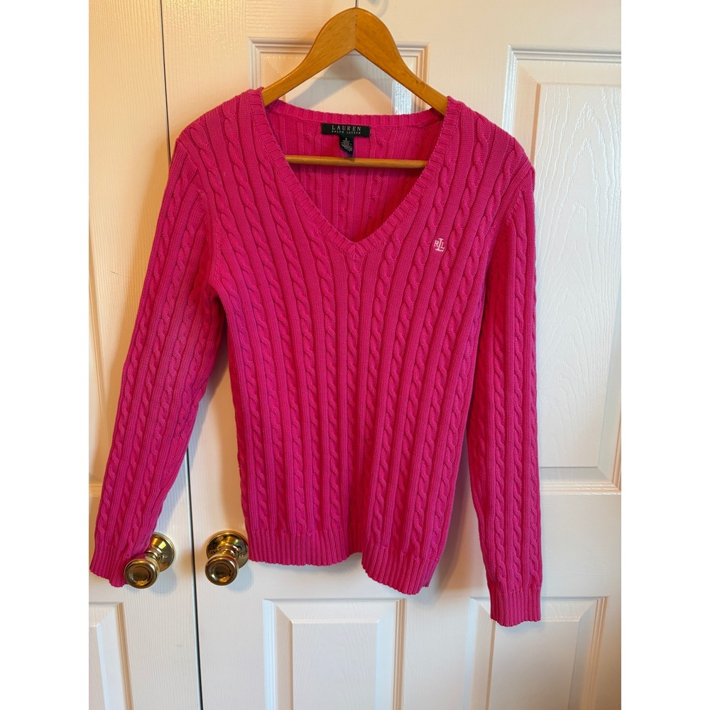 Lauren Ralph Lauren Hot Pink Cable Knit V-Neck Cotton Sweater Womens Small
